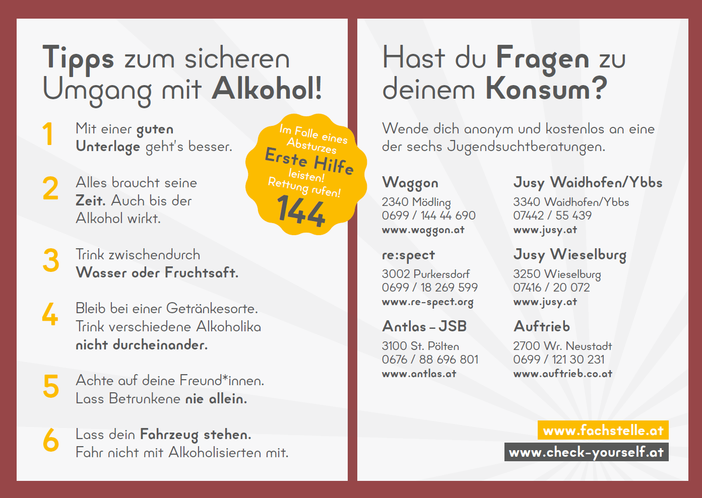 Rueckseite_HR_SU_Alkohol Im Falle eines Absturzes Erste Hilfe leisten! Rettung rufen! 144